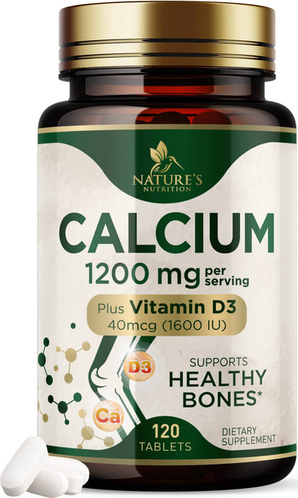 Calcium 1200 mg with Vitamin D3, Dietary Supplement for Bone and Teeth Support, Calcium Supplements for Women & Men, Max Absorption Carbonate, Nature's Absorbable Calcium Supplement