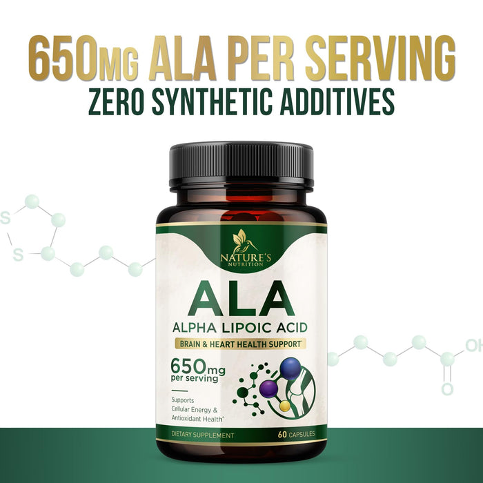 Alpha Lipoic Acid 600mg Plus - Pure ALA Supplement Non-GMO & Gluten Free, Supports Cellular Energy & Antioxidant Health, Extra Strength Lipoic Acid 650mg, Brain & Heart Support - 60 Capsules