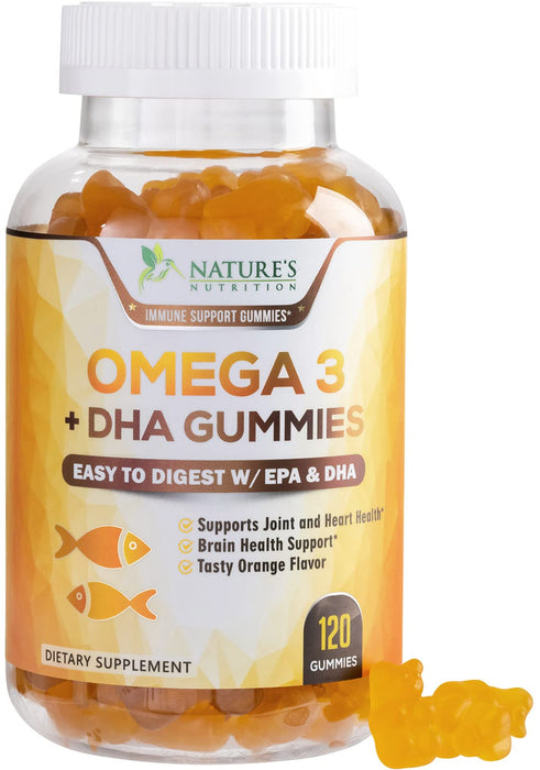Omega 3 Fish Oil Gummies, Heart Healthy Omega 3s with DHA & EPA, Extra Strength Joint & Brain Support, Omega 3 Fish Oil Supplement Nature's Gummy Vitamin for Men & Women, Orange Flavor