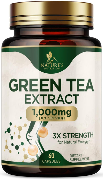 Nature's Green Tea Extract Pills 98% Standardized EGCG 1000mg - 3X Strength for Natural Energy & Supports Heart Antioxidant Health - Herbal Supplement with Polyphenols, Vegan, Non-GMO