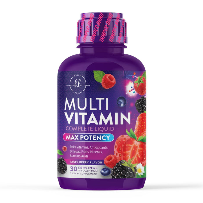 Hello Lovely! Multivitamin for Women & Men - Daily Liquid Vitamins with Biotin, Vitamin A, C, D3, E, B6, B12 & Zinc, Women's Beauty Multivitamins & Adult Immune Support, Berry Flavor - 15 Fl Oz