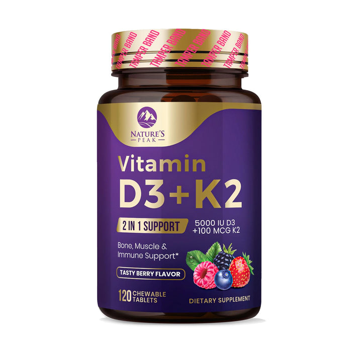 Nature's Peak D3 K2 Vitamin Supplement - 5000iu of D-3 & 100mcg of K2 as MK-7 Supports Calcium Absorption for Joints, Bones & Teeth Plus Immune Support - Non-GMO, Berry Flavor