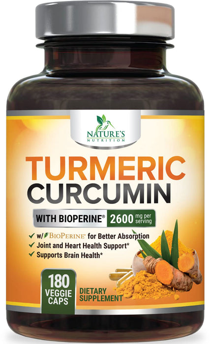 Turmeric Curcumin Supplement with BioPerine 95% Standardized Curcuminoids 2600mg - Black Pepper for Max Absorption, Vegan Joint Support, Nature's Tumeric Herbal Extract Vegan Non-GMO