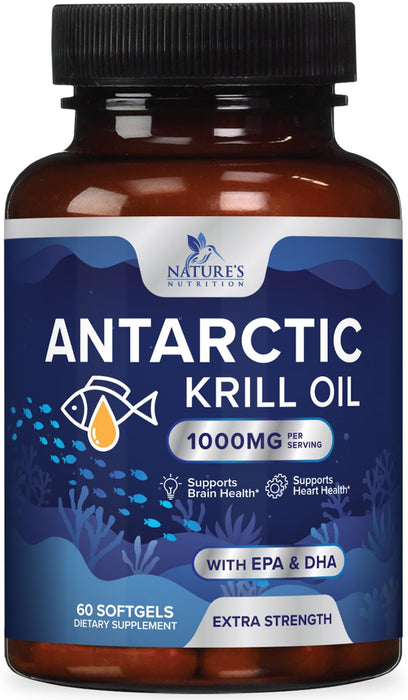 Krill Oil Omega 3 Supplement 1000 mg - Antarctic Krill Oil with Omega-3 EPA, DHA with Astaxanthin Sourced from Red Krill, Brain Health & Immune Support with Phospholipids - 30 Servings, 60 Softgels
