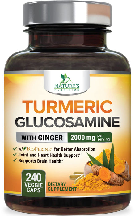 Turmeric Curcumin with BioPerine, Ginger & Glucosamine 95% Curcuminoids 2000mg Black Pepper for Max Absorption Joint Support, Nature's Tumeric Herbal Extract Supplement, Vegan, Non-GMO