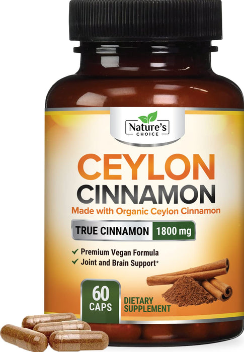 Nature's Choice Certified Organic Ceylon Cinnamon (Made with Organic Ceylon Cinnamon) 1800mg - Organic Sri Lanka Ceylon Cinnamon Powder Caps