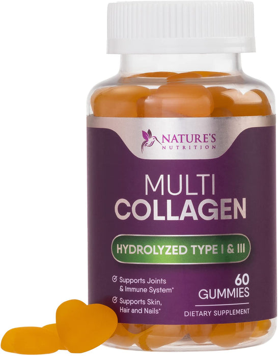 Collagen Gummies with Biotin - Hydrolyzed Collagen Peptides Supplement Types I and III - Support for Hair, Skin, Nails and Joints - Gluten Free and Non-GMO - Orange Flavored Gummy Vitamins