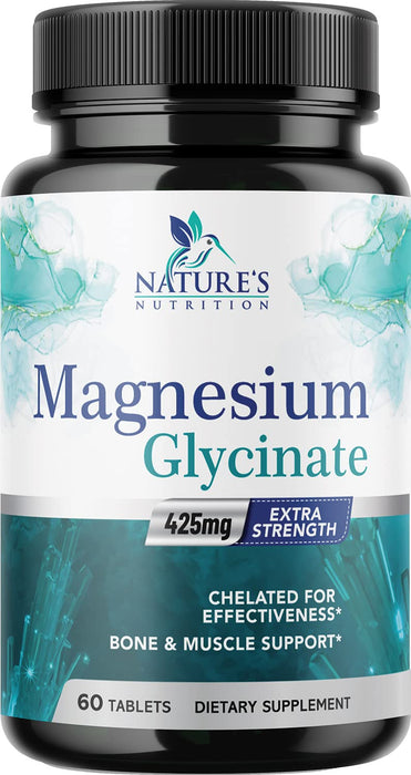 Magnesium Glycinate 425 mg with Calcium - Max Absorption Magnesium Tablets for Muscle, Nerve, Bone & Heart Health Support - Vegan, Non-GMO, Gluten Free Nature's Nutrition Supplement