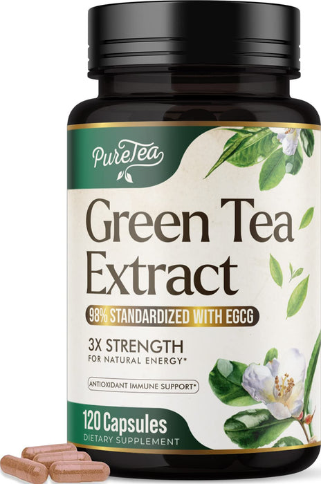 PureTea Green Tea Extract Pills 1000mg with EGCG - 98% Standardized Polyphenols - 3X Absorption Green Tea Capsules for Natural Energy - Heart Support with Antioxidants, Gentle Caffeine