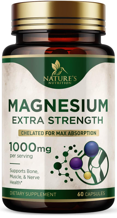 Magnesium Extra Strength 1000mg - Chelated for Max Absorption, Magnesium Capsules for Bone, Muscle & Heart Health Support