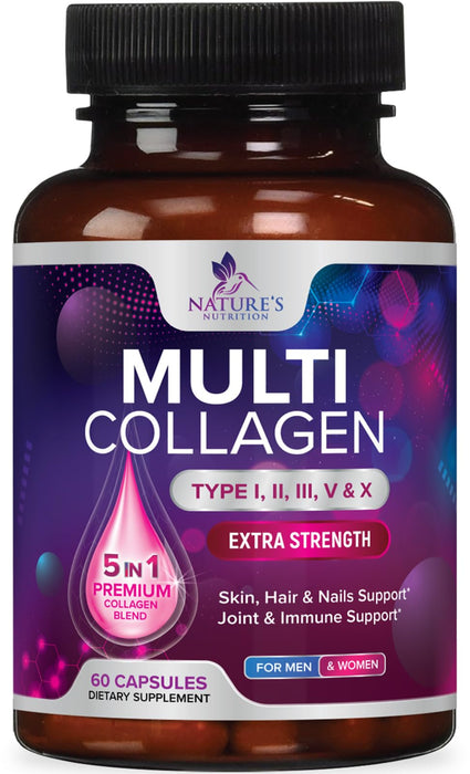 Collagen for Women & Men - Type I, II, III, V, X Collagen Pills Complex, Grass Fed, Non-GMO, Nature's Hydrolyzed Multi Collagen Peptides Supplement, Hair, Skin, Nail, Joint Health Support