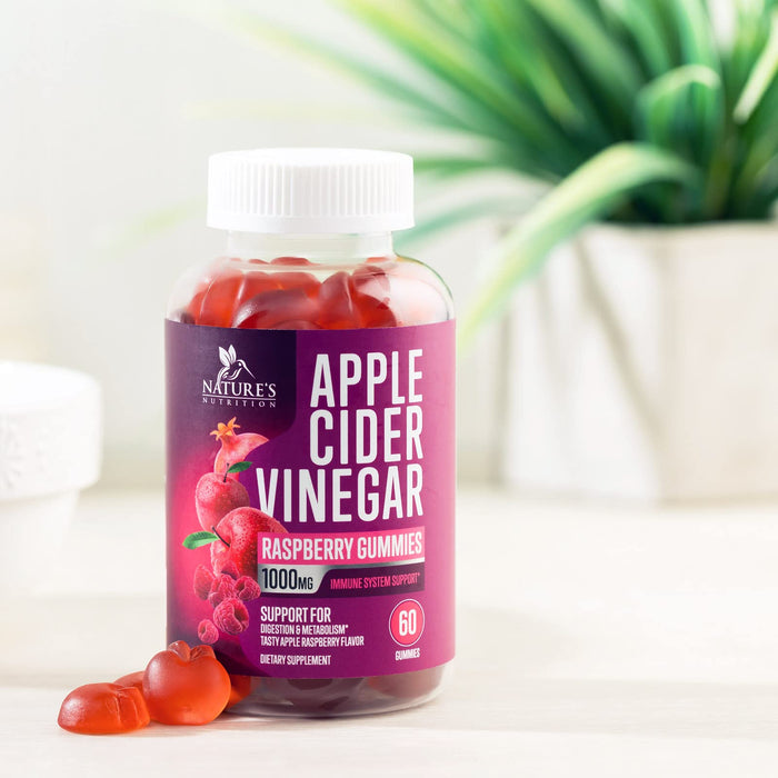 Vegan Apple Cider Vinegar Gummies 1000mg for Detox and Cleanse, Nature's ACV Gummy Vitamins B12 Supplement for Digestion, Natural Apple Raspberry Flavor, Non-GMO, Gluten Free for Adults