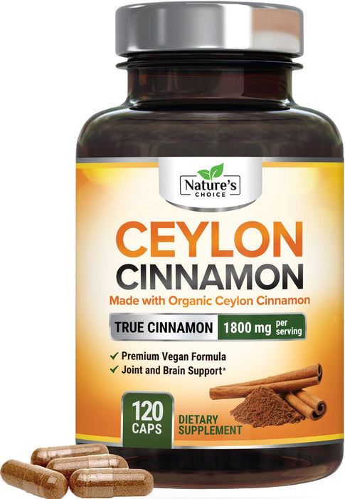 Nature's Choice Certified Organic Ceylon Cinnamon (Made with Organic Ceylon Cinnamon) 1800mg - Organic Sri Lanka Ceylon Cinnamon Powder Caps