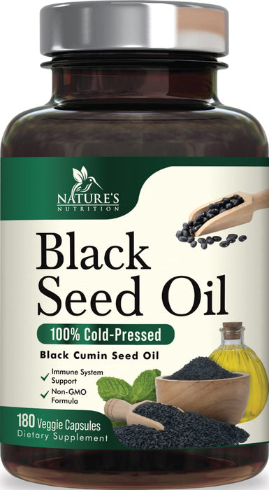 Premium Black Seed Oil Capsules Vegan Cold-Pressed 1000mg - Extra Strength Nigella Sativa Black Seed Oil, Nature's Pure Black Cumin Seed Oil for Immune, Hair and Brain Support, Non-GMO