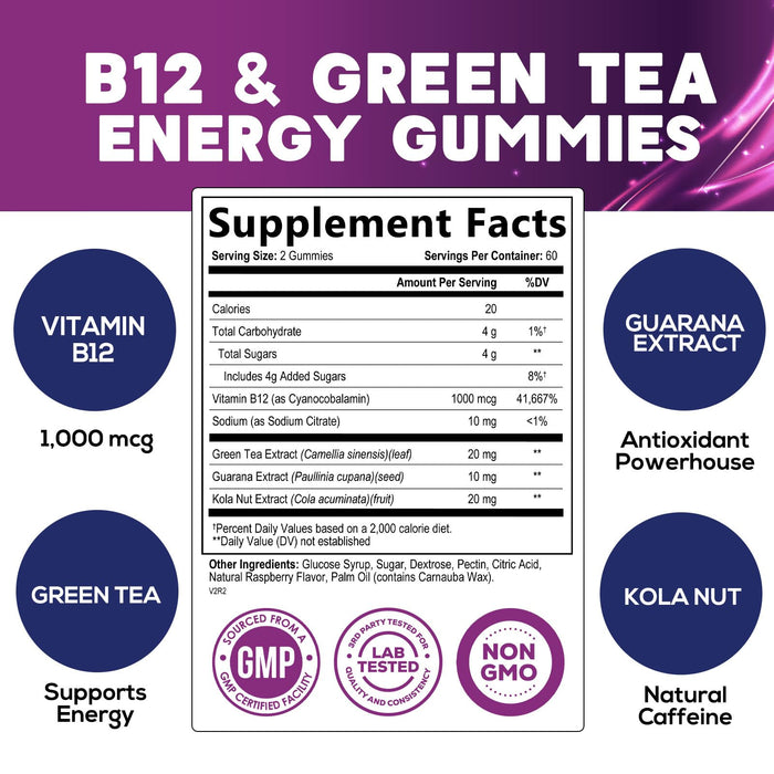 Energy Gummies Vitamin B12, Green Tea and Guarana Extract, Daily Energy Vitamin Supplement, Delicious Raspberry Flavor Gummy Chewable Supplement for Men and Women, Non-GMO and Vegan