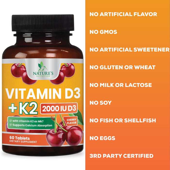 Vitamin D3 K2, Max Absorption 2000 IU (50 mcg) Vitamin D K2 MK-7 Complex for Bone Strength, Teeth, Muscle, Heart & Immune Health Support, Nature's Supplements, Easy to Swallow