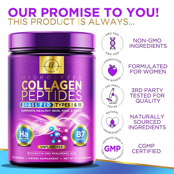 Hello Lovely! Collagen Peptides Powder 20g with Hyaluronic Acid & Biotin - Unflavored Hydrolyzed Collagen Peptides, Type I & III Collagen Supplements - Hair, Nail, Skin & Joint Support - 28 Servings