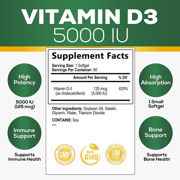 Vitamin D3 5000 IU (125 mcg) - High Potency Vitamin D-3 Supplement (2 Month Supply) for Bone, Teeth, Muscle and Immune Health Support - Dietary Supplement, Gluten Free, Non-GMO - 60 Softgels