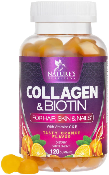 Collagen & Biotin Hair Vitamin Gummies - Extra Strength for Healthy Hair, Skin & Nails Growth Support - Collagen Peptides Gummy Supplement with Vitamins C & E - Orange Flavored, Non-GMO