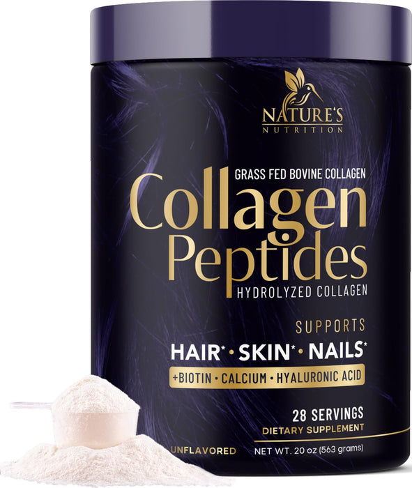 Hydrolyzed Collagen Peptides Powder 20g With Hyaluronic Acid & Biotin - Unflavored Grass Fed Collagen Powder with Type I & III Collagen Supplements - Hair, Nail, Skin & Joint Support - 28 Servings