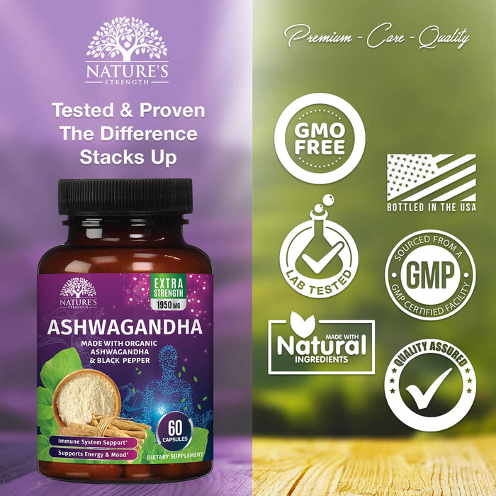 Organic Ashwagandha 1950 mg - Certified Organic Ashwagandha Supplements, Stress & Mood Support, Extra Strength Ashwaganda Capsules, Nature's Vegan Ashwaghanda, Non-GMO & Gluten Free