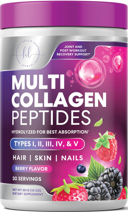 Collagen Peptides Powder - Multi Collagen Complex - Type I, II, III, V, X, Grass Fed, Hair, Skin, Nail & Joint Support - Natural Hydrolyzed Protein - Keto, Paleo, Non-GMO, Berry Flavor -