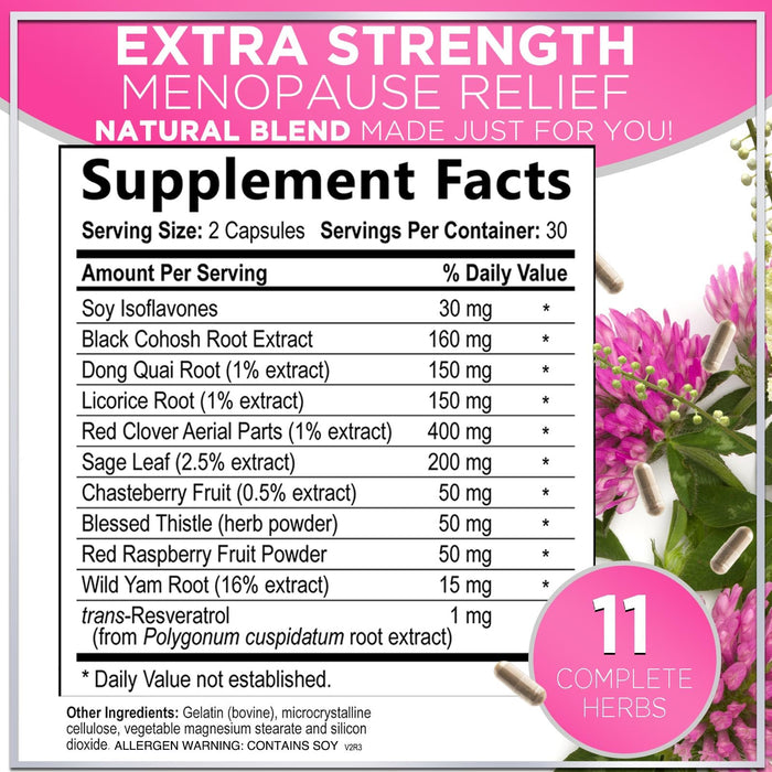 Menopause Supplements Extra Strength Hot Flash Support 1256 mg - Menopause Support for Women - Made in USA - Natural Black Cohosh, Dong Quai and Soy Isoflavones - 60 Capsules