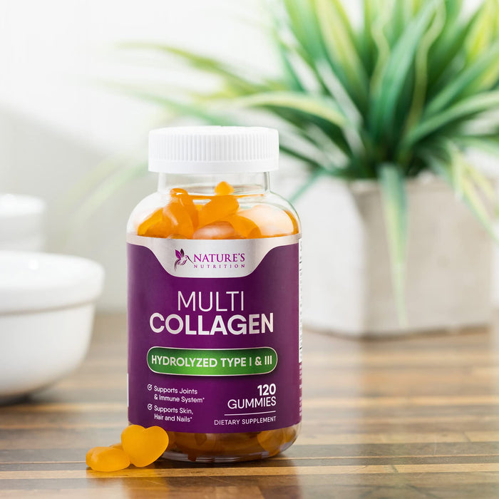 Collagen Gummies with Biotin - Hydrolyzed Collagen Peptides Supplement Types I and III - Support for Hair, Skin, Nails and Joints - Gluten Free and Non-GMO - Orange Flavored Gummy Vitamins