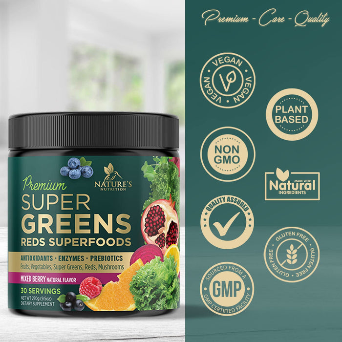 Greens Superfood Powder Supplement - Super Green Smoothie Mix Blend with Spirulina, Wheat Grass, Chlorella, Beets, Digestive Enzymes & Antioxidants - Natural Gut Health, Vegan & Non-GMO - 30 Servings