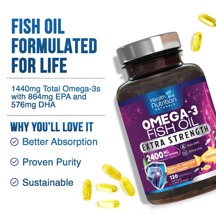 Health Nutrition Naturals Omega-3 Fish Oil Supplement, Triple Strength 2400mg High EPA 864mg and DHA 288mg for Natural Heart Support and Brain Support, Wild Caught Non-GMO, Lemon Flavor