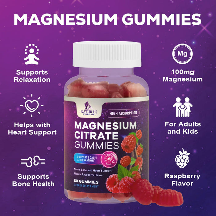 Magnesium Gummies - High Absorption Magnesium Citrate Supplement for Adults & Kids - Nature's Calm Magnesium Gummies Dietary Supplements for Bone, Muscle Health, Heart Support