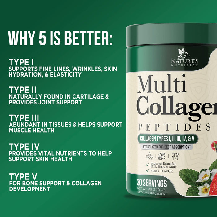 Nature's Nutrition Collagen Peptides Powder - Grass Fed Hydrolyzed Protein, Type I, II, III, IV, & V, Hair, Skin, Nails & Joint Support, Keto, Paleo, Non-GMO, Collagen Powder for Women - 30 Servings