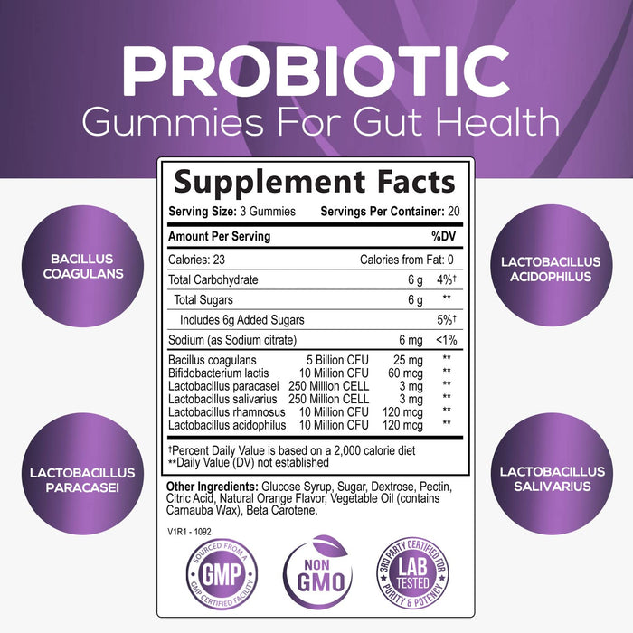 Nature's Nutrition Probiotics for Women & Men Gummy, Extra Strength 5 Billion CFU, Lactobacillus Acidophilus Daily Probiotic Supplement, Supports Immune & Digestive Health, Orange Flavor