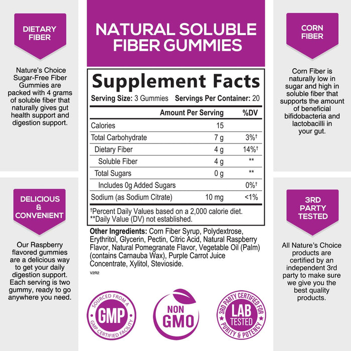 Nature's Choice - Vegan Fiber Gummies Sugar Free - 4 Grams of Daily Prebiotic Fiber - Max Strength Soluble Fiber Gummy, Supports Digestive Health & Regularity, Nature's Non-GMO Dietary Fiber Supplement