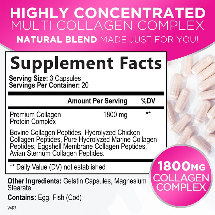 Multi Collagen Peptides, Hydrolyzed Collagen Protein for High Absorption, Type I, II, III, V, X Gluten Free, Radiant Hair, Skin, Nails & Joint Support, Collagen Pills Supplement Non-GMO