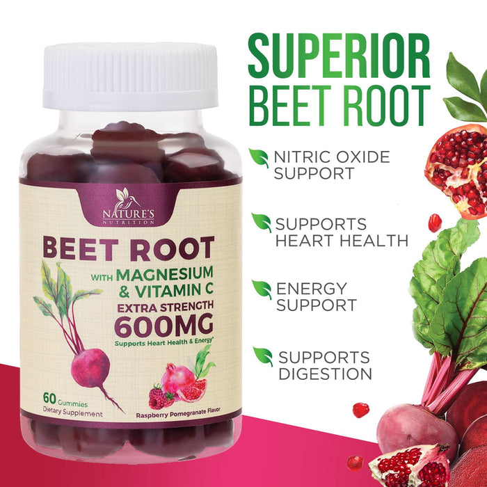 Beet Root Soft Chews with Beetroot - Energy & Heart Health Support Supplement, Supports Nitric Oxide Production, Vegan, Non-GMO, Superfood Beets Root Gummies - Pomegranate Raspberry Flavor - 60 Count