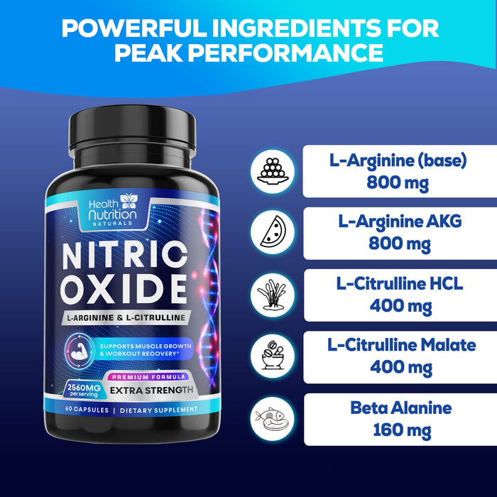 Health Nutrition Naturals HNN - Extra Strength Nitric Oxide Supplement L Arginine 3X Strength - Citrulline Malate, AAKG, Beta Alanine - Premium Muscle Support