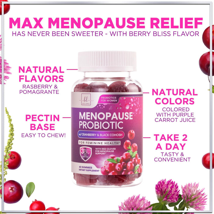 Menopause Probiotics for Women Gummy with Cranberry, 3 Billion CFU, Natural Menopause Relief for Weight Loss, Hot Flashes, Night Sweats, Mood Swings, Immune Support, Probiotic Supplement - 60 Gummies