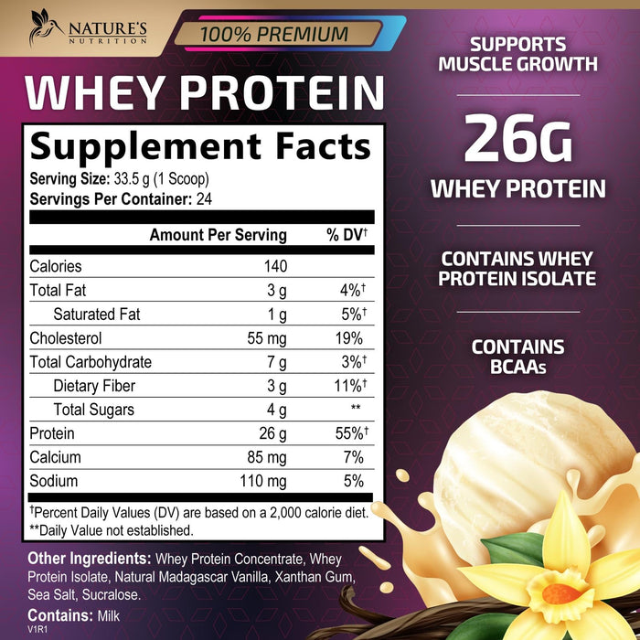 Whey Protein Powder 26g - Vanilla Ice Cream Whey Isolate Protein for Muscle Growth Support - Premium Whey Powder for Fast Absorbing and Easy Digesting for Men and Women, Gluten Free - 24 Servings