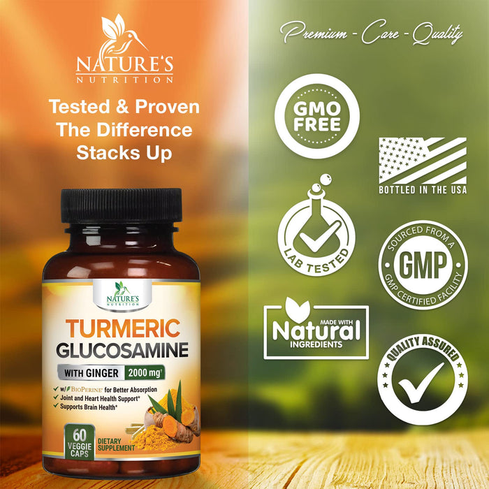 Turmeric Curcumin with BioPerine, Ginger & Glucosamine 95% Curcuminoids 2000mg Black Pepper for Max Absorption Joint Support, Nature's Tumeric Herbal Extract Supplement, Vegan, Non-GMO