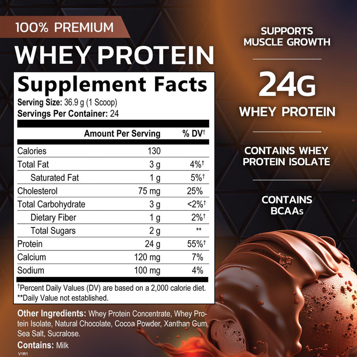 Nature's Premium 100% Whey Protein Powder, 24g of Protein, Double Rich Chocolate, Advanced Whey Isolate Protein Powder, Immune Health Support, Gluten Free, Fast Absorbing, Easy Digesting, 24 Servings