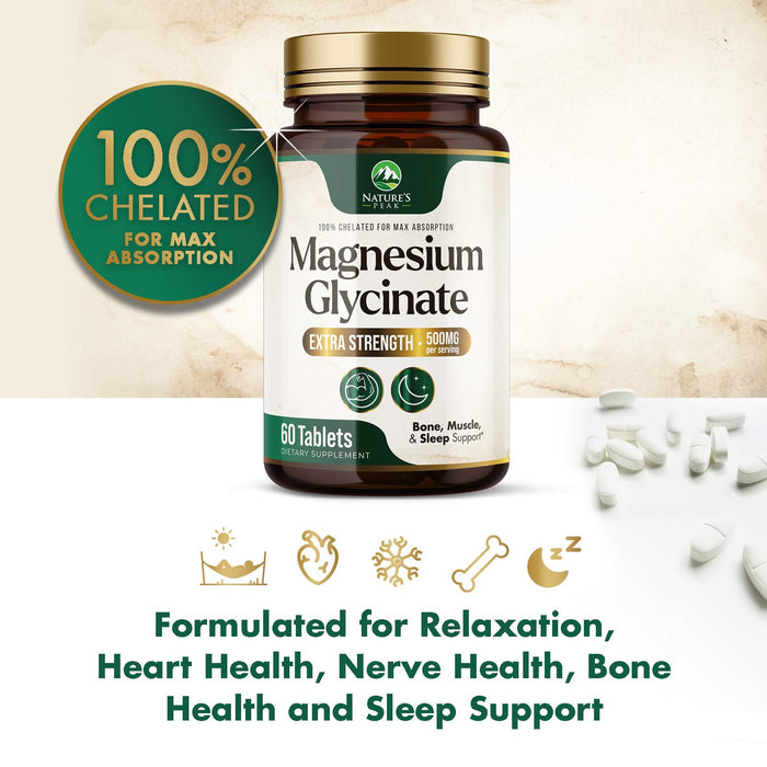 Nature's Magnesium Glycinate 500 mg - High Absorption Magnesium Supplement Pills to Support Heart Health, Muscle, Nerve & Bone Support, Vegan, Non-GMO Dietary Supplement Magnesium Pills