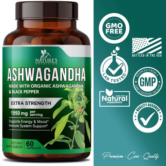 Organic Ashwagandha Capsules - Pure Organic Ashwagandha Powder & Root Extract Capsules - Extra Strength Stress Support Plus Thyroid Support Supplement - Vegan, Gluten Free, Non-GMO