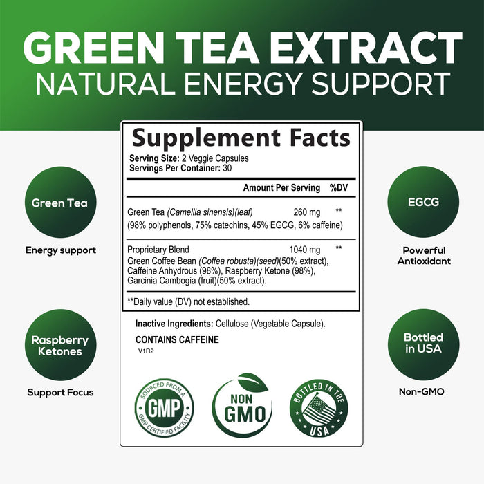 Green Tea Pills Extract - 98% Standardized EGCG 1300mg for Natural Energy - Supports Heart Health with Antioxidants, Polyphenols, Coffee Bean Gentle Caffeine - for Women & Men