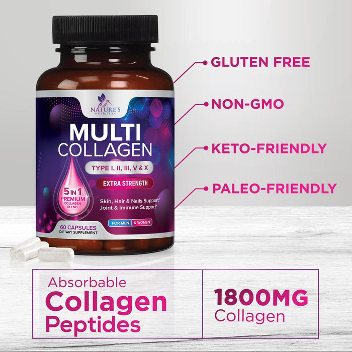 Collagen for Women & Men - Type I, II, III, V, X Collagen Pills Complex, Grass Fed, Non-GMO, Nature's Hydrolyzed Multi Collagen Peptides Supplement, Hair, Skin, Nail, Joint Health Support
