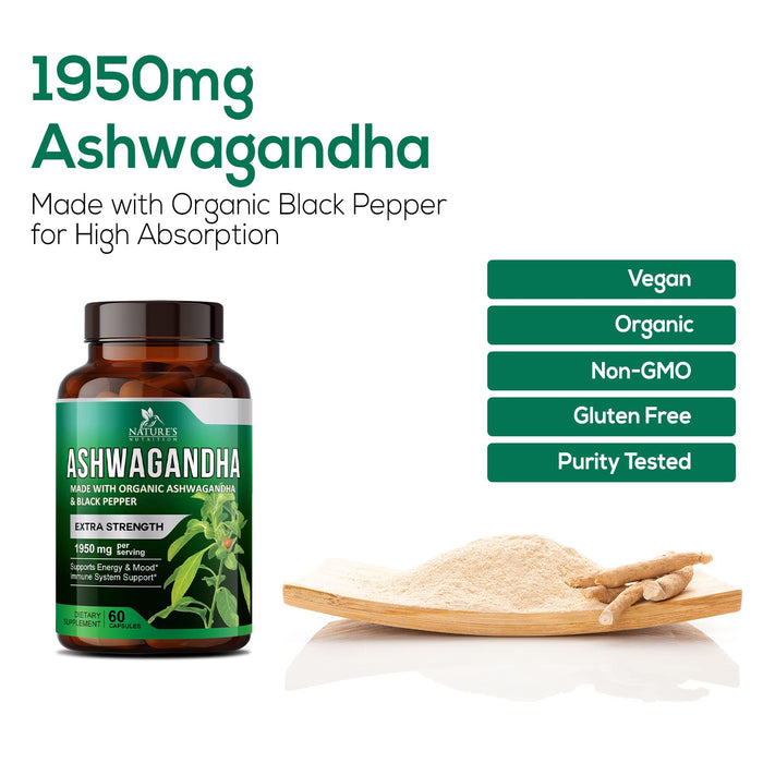 Organic Ashwagandha Capsules - Pure Organic Ashwagandha Powder & Root Extract Capsules - Extra Strength Stress Support Plus Thyroid Support Supplement - Vegan, Gluten Free, Non-GMO