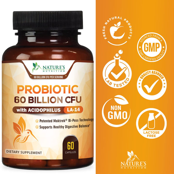 Probiotic for Digestive Health - 60 Billion CFU Daily Probiotics & Prebiotics Supplement with Acidophilus - Immune Support for Women & Men - Shelf Stable, Soy, Dairy & Gluten Free - 60 Capsules