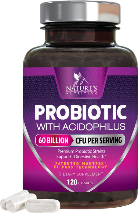 Probiotics, 60 Billion CFU per Serving, Probiotic with Prebiotics for Digestive & Immune Health Support for Women & Men - Nature's Supplement is Shelf Stable, Soy, Dairy & Gluten Free