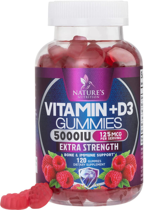 Vitamin D3 Gummies 5,000 IU Extra Strength 125 mcg D3 Supplement Gummy - Support Natural Bone, Muscle, & Immune Health - Gluten Free - Non-GMO - Nature's Raspberry Flavor