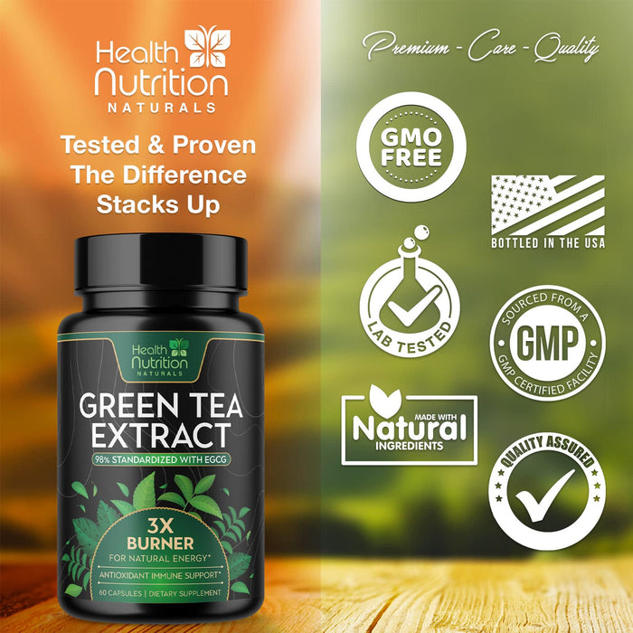 Green Tea Pills Extract - 98% Standardized EGCG 1300mg for Natural Energy - Supports Heart Health with Antioxidants, Polyphenols, Coffee Bean Gentle Caffeine - for Women & Men